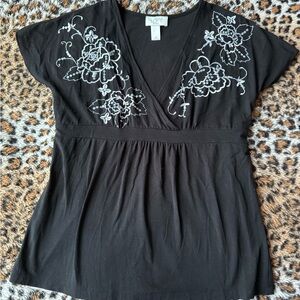 LOFT Black Top with White Floral Embroidery
